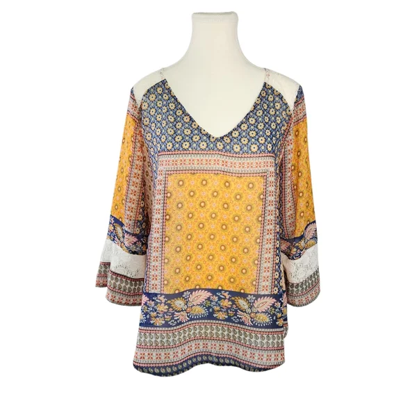 Figueroa & Flower Boho Patchwork Lace Trim Blouse Small V-Neck Flowy Festival - Picture 8 of 16